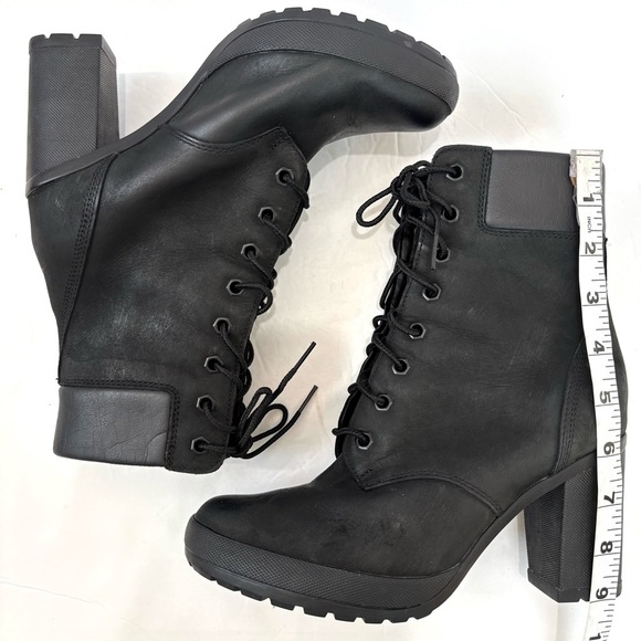 Timberland Allington Mid Lace-Up Block High Heel Black Leather Preppy Boot - Picture 13 of 15